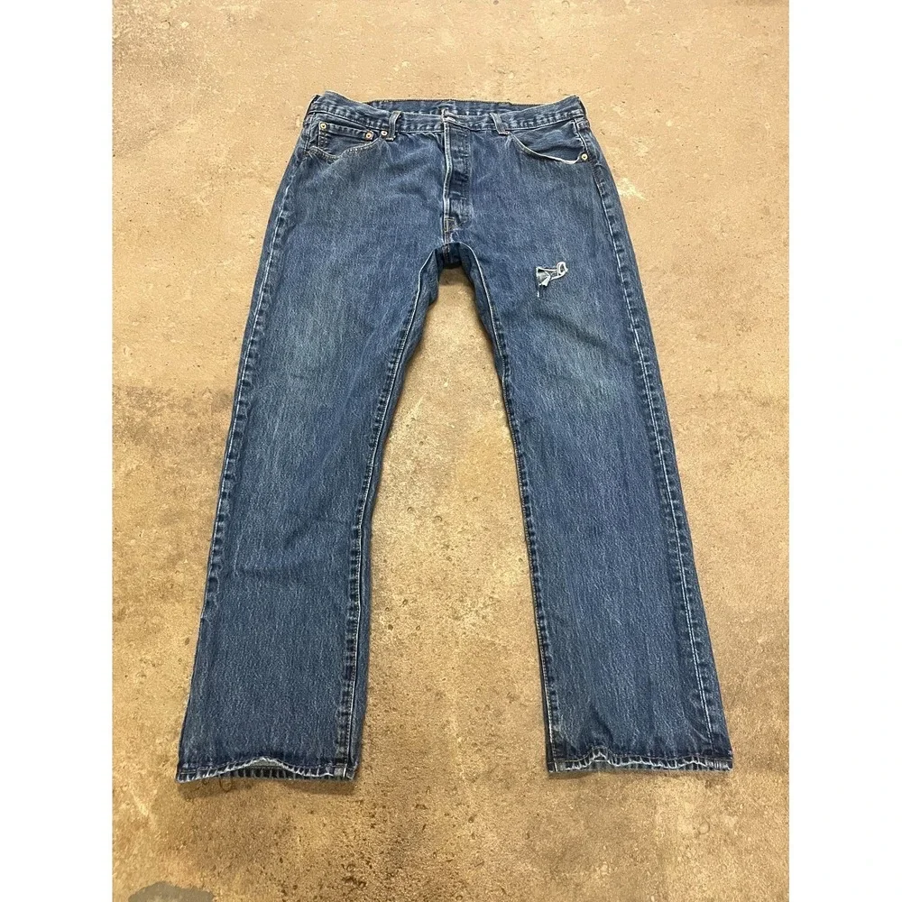 Levi's 501 Original Straight Fit Jeans Mens 38x32 Blue Denim Distressed Mid Rise